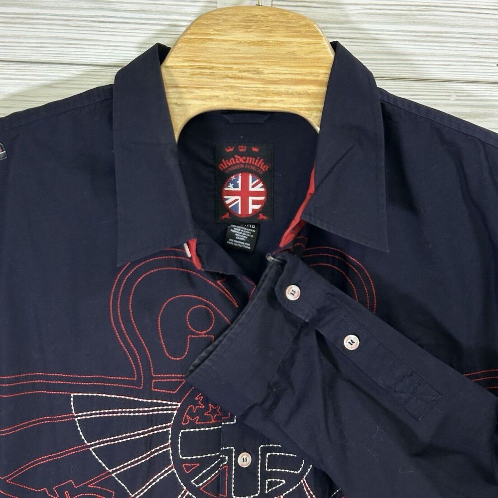 Vintage Y2K Akademiks Unseen Forces Embroidered Navy Blue Button Up Shirt Sz 3XL